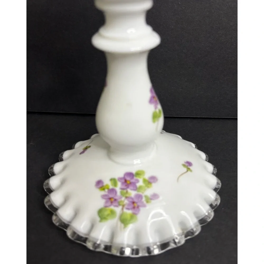 Fenton Silver Crest Violets in The Snow Single Candlestick Milk Glass Vintage